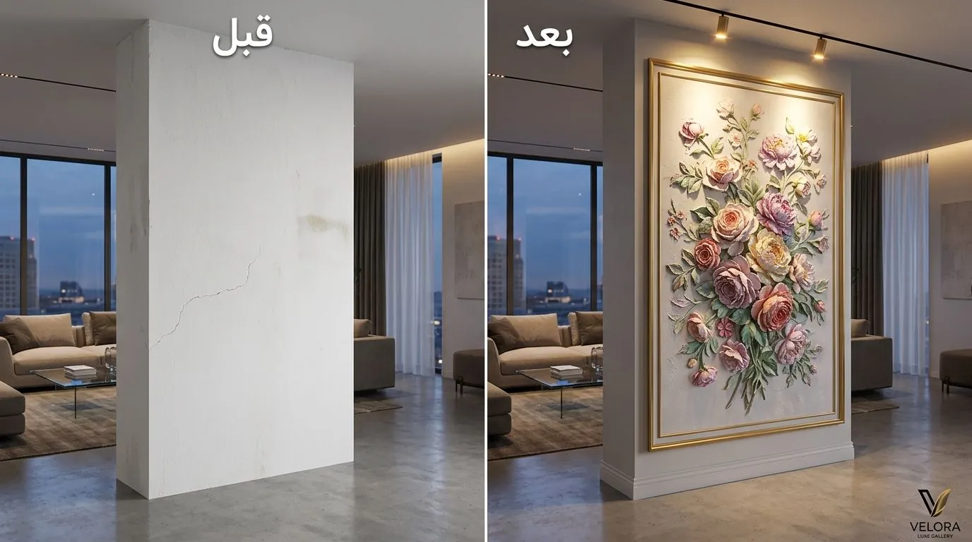 تصویر قبل و بعد از بازسازی و تزیین ستون پهن ساختمان با استفاده از تابلوی استاکو روسی و قاب مدرن طلایی به همراه نورپردازی دکوراتیو - گالری ولورا لوکس