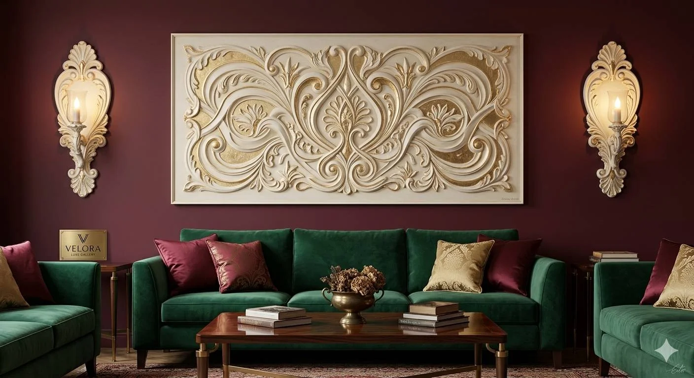 ست تابلوی نقش برجسته استاکو و شمعدان‌های دیوارکوب استاکوی هم‌طرح روی دیوار زرشکی پذیرایی لوکس - گالری ولورا لوکس