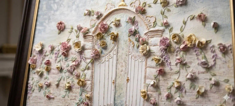 تابلو برجسته مدرن طرح عمارت رز با ۷۰ گل مینیاتوری در دکوراسیون لوکس پذیرایی